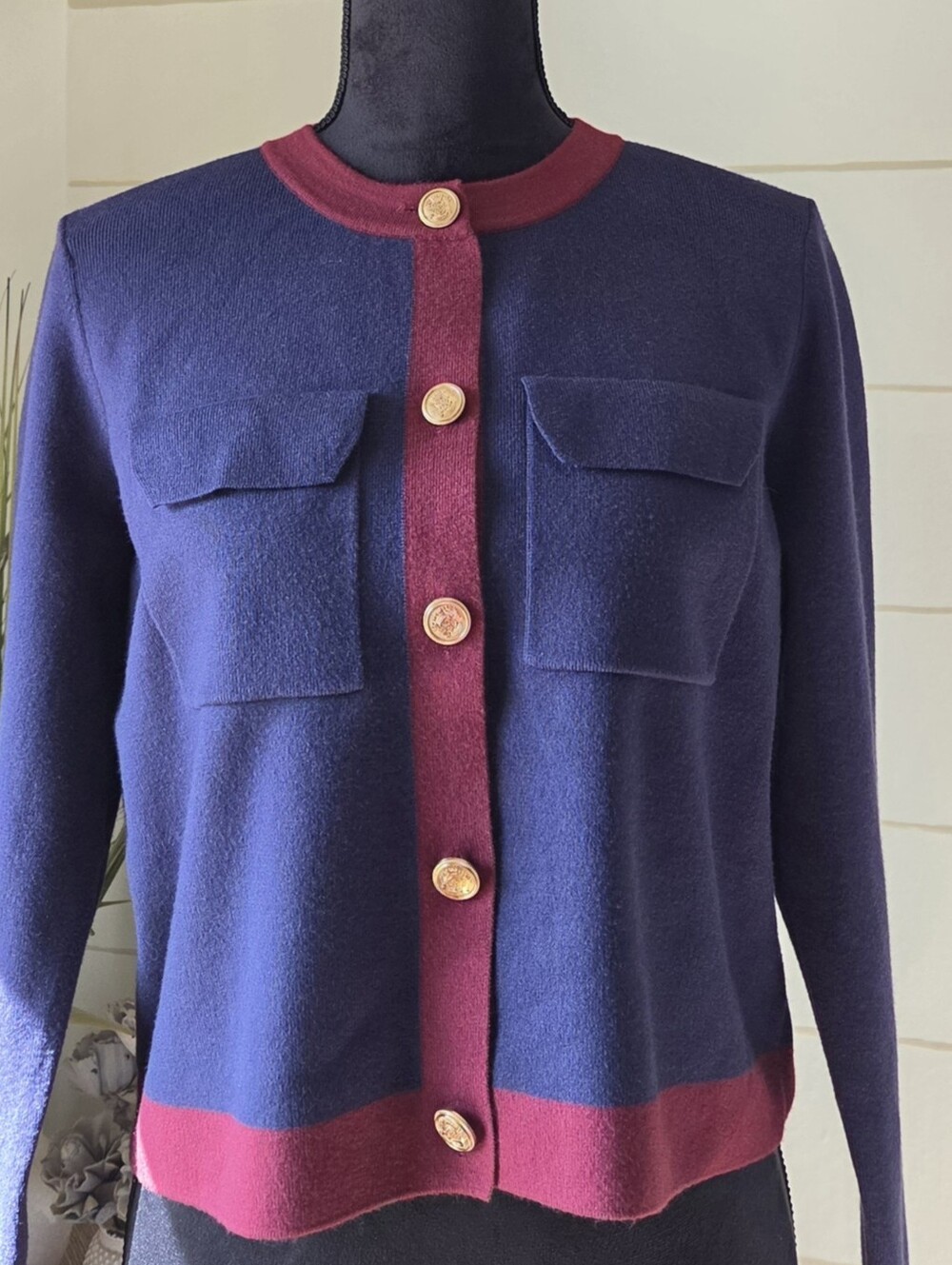 ​Joie Navy Burgundy Gold Button Cardigan Ivy League Sweater Prep Dark Academia
